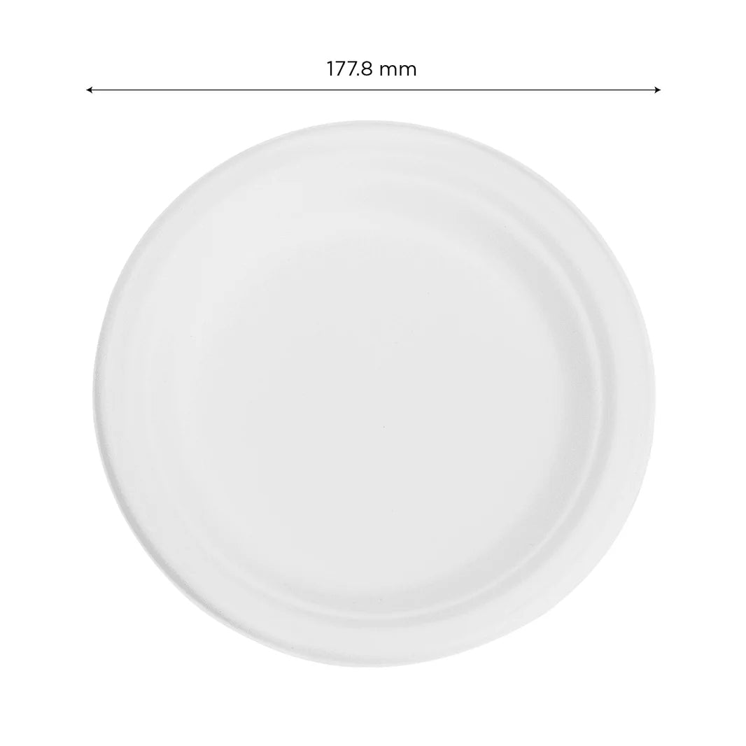 7" PFAS Free Compostable Bagasse Round Plates, White