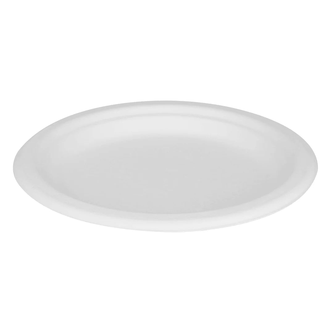 7" PFAS Free Compostable Bagasse Round Plates, White