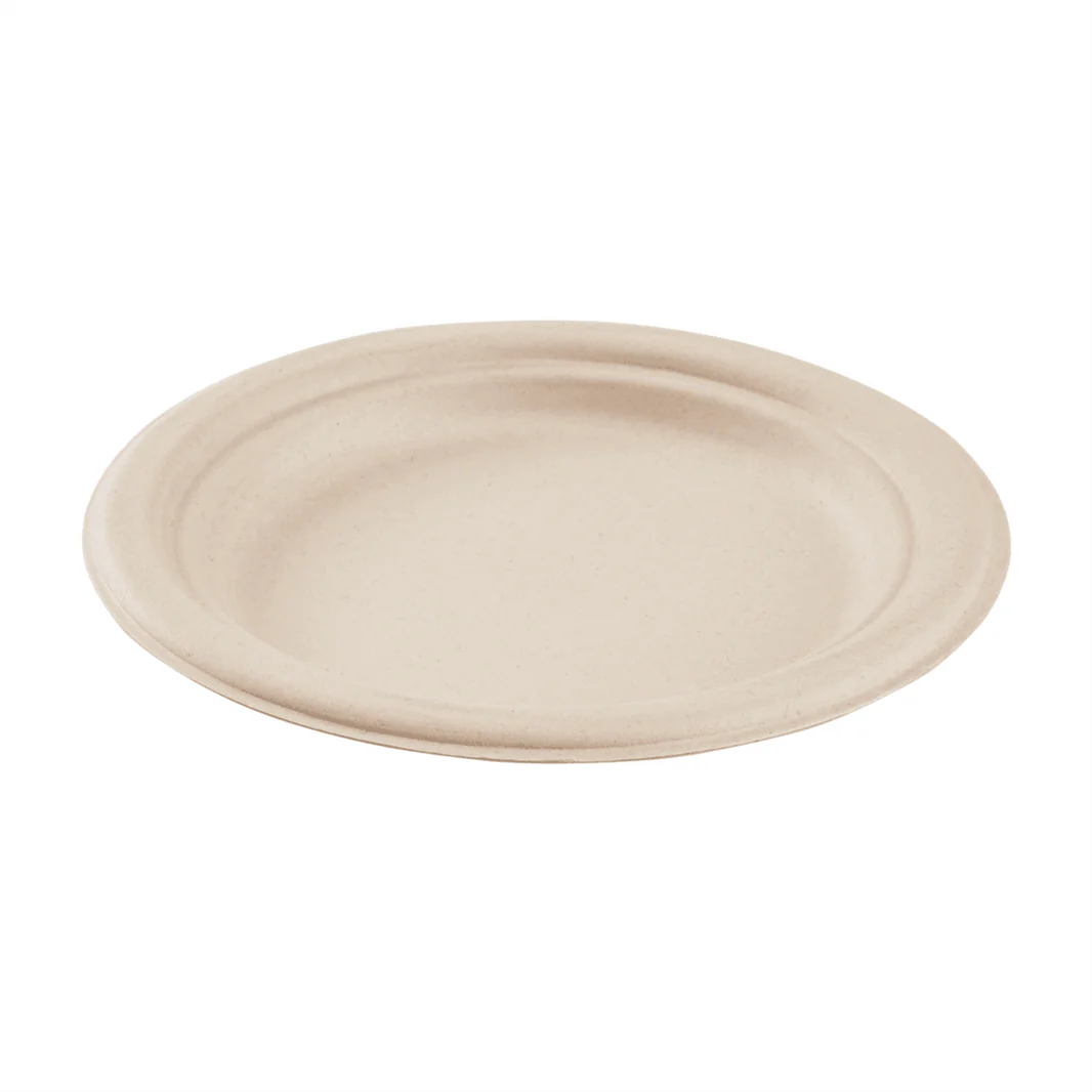 7" PFAS Free Compostable Bagasse Round Plates, Natural