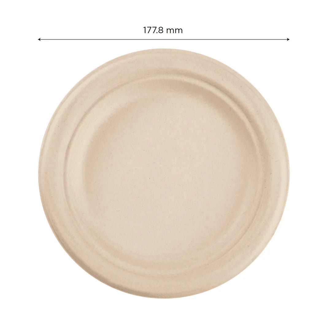 7" PFAS Free Compostable Bagasse Round Plates, Natural