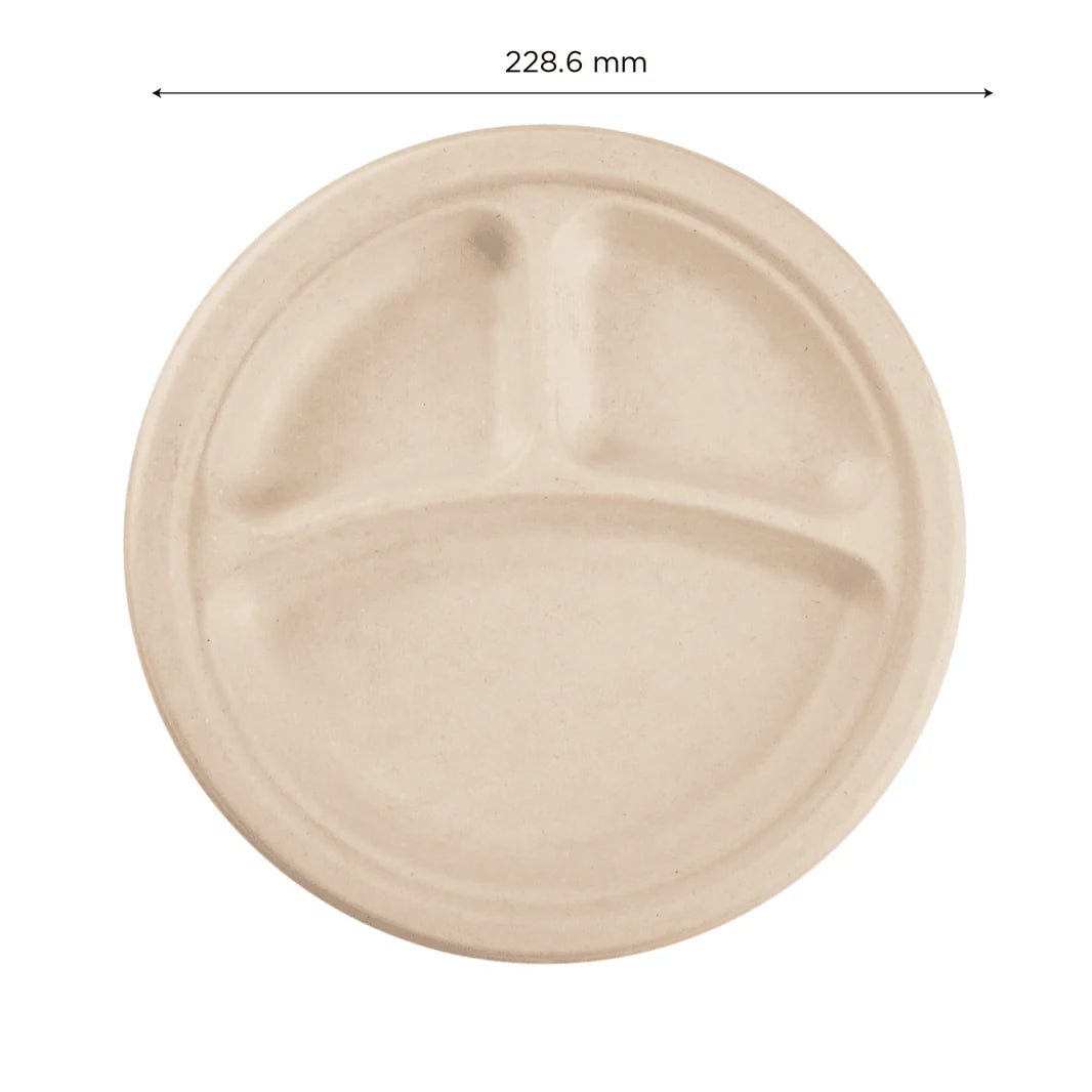 9" PFAS Free Compostable Bagasse Round Plates, Natural, 3 Compartments