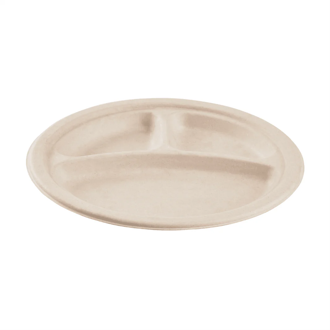 9" PFAS Free Compostable Bagasse Round Plates, Natural, 3 Compartments