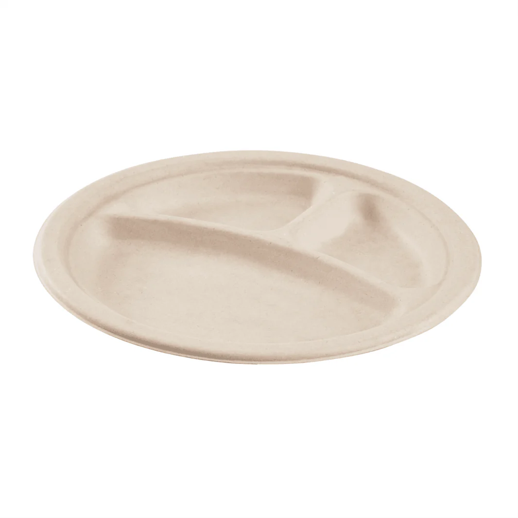 9" PFAS Free Compostable Bagasse Round Plates, Natural, 3 Compartments