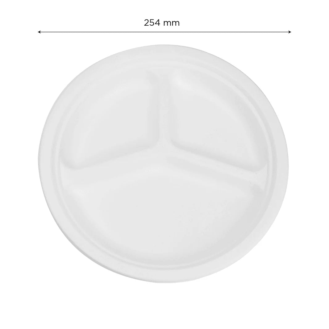 10" PFAS Free Compostable Bagasse Round Plates, White, 3 Compartments