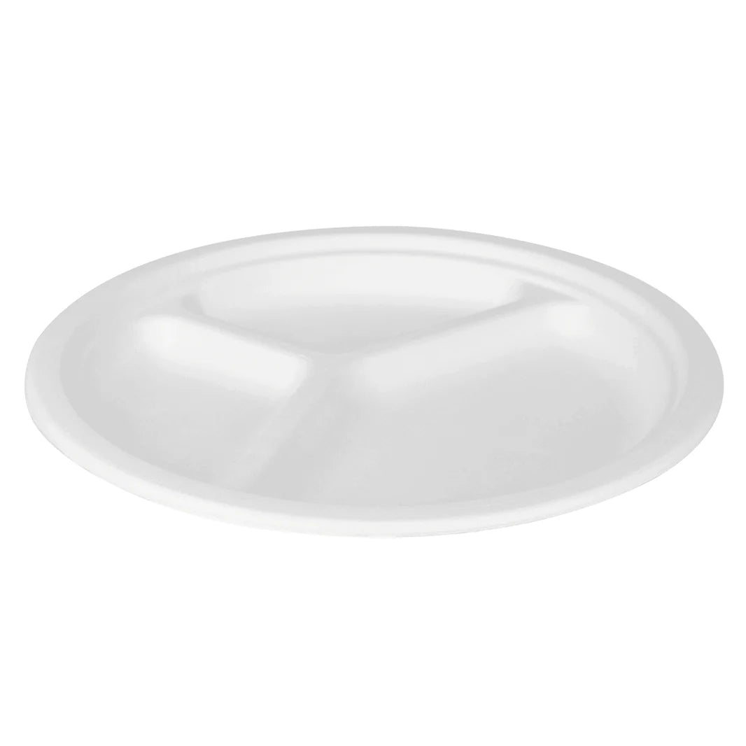 10" PFAS Free Compostable Bagasse Round Plates, White, 3 Compartments