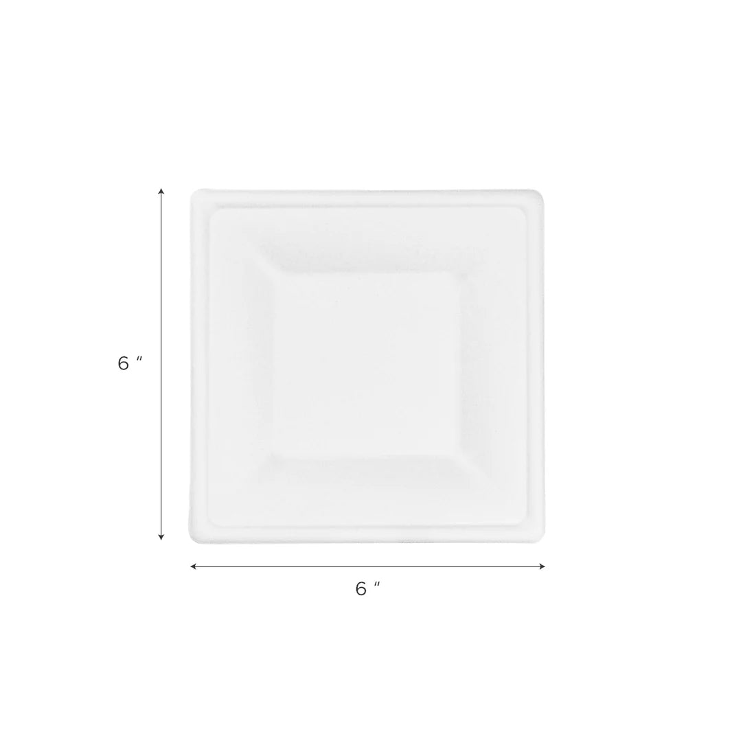 6"x 6" PFAS Free Bagasse Square Plate, White