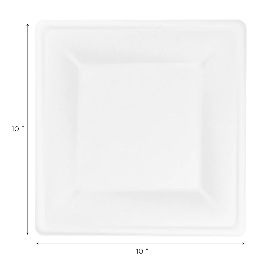 10"x 10" PFAS Free Bagasse Square Plate, White