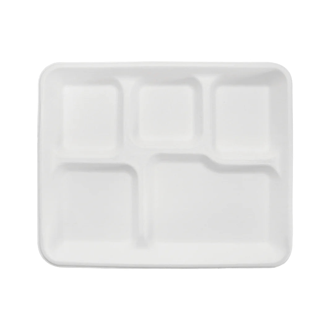 10" x 8" PFAS Free Eco-Friendly Bagasse Tray, White, 5-Compartments