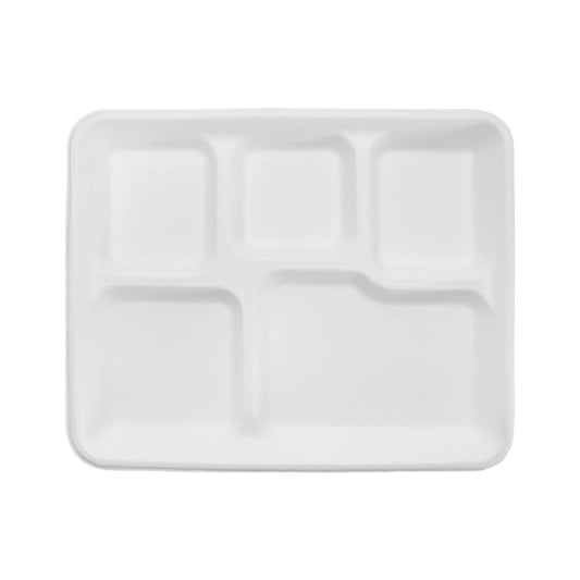 10''x8'' PFAS Free Eco-Friendly Bagasse Tray, White, 5-Compartments