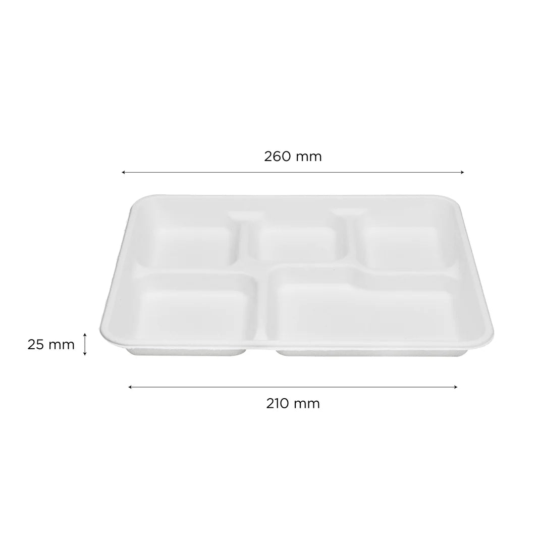 10" x 8" PFAS Free Eco-Friendly Bagasse Tray, White, 5-Compartments