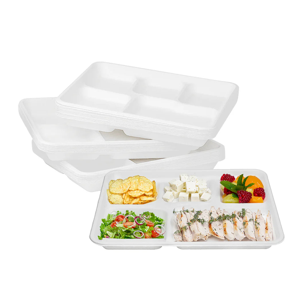 10" x 8" PFAS Free Eco-Friendly Bagasse Tray, White, 5-Compartments