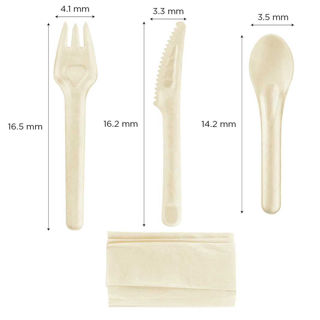 PFAS Free Bagasse Cutlery Kits (Knife, Fork, Soup Spoon, 2-ply Napkin), Paper Wrapped