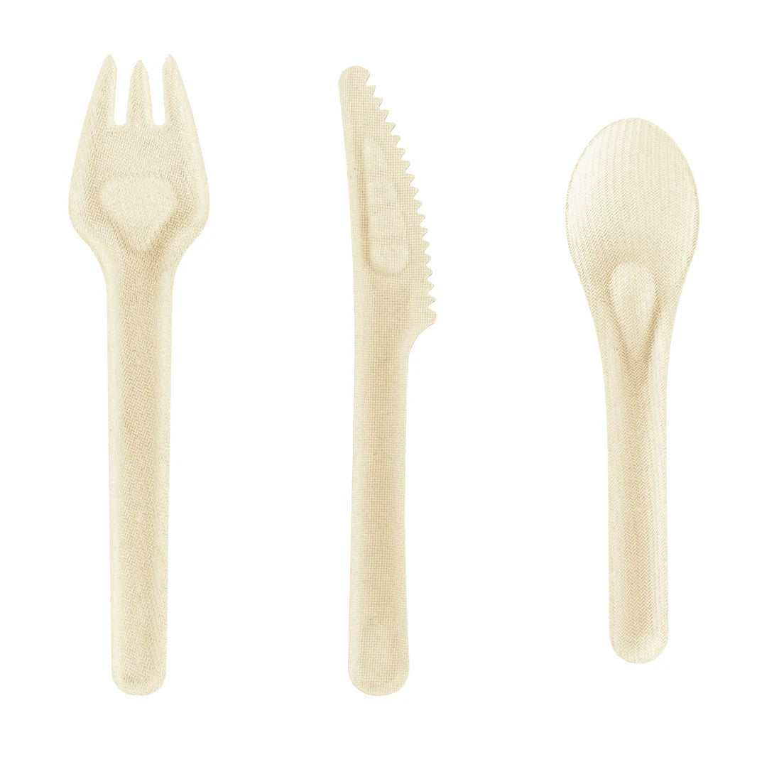 PFAS Free Bagasse Cutlery Kits (Knife, Fork, Soup Spoon, 2-ply Napkin), Paper Wrapped