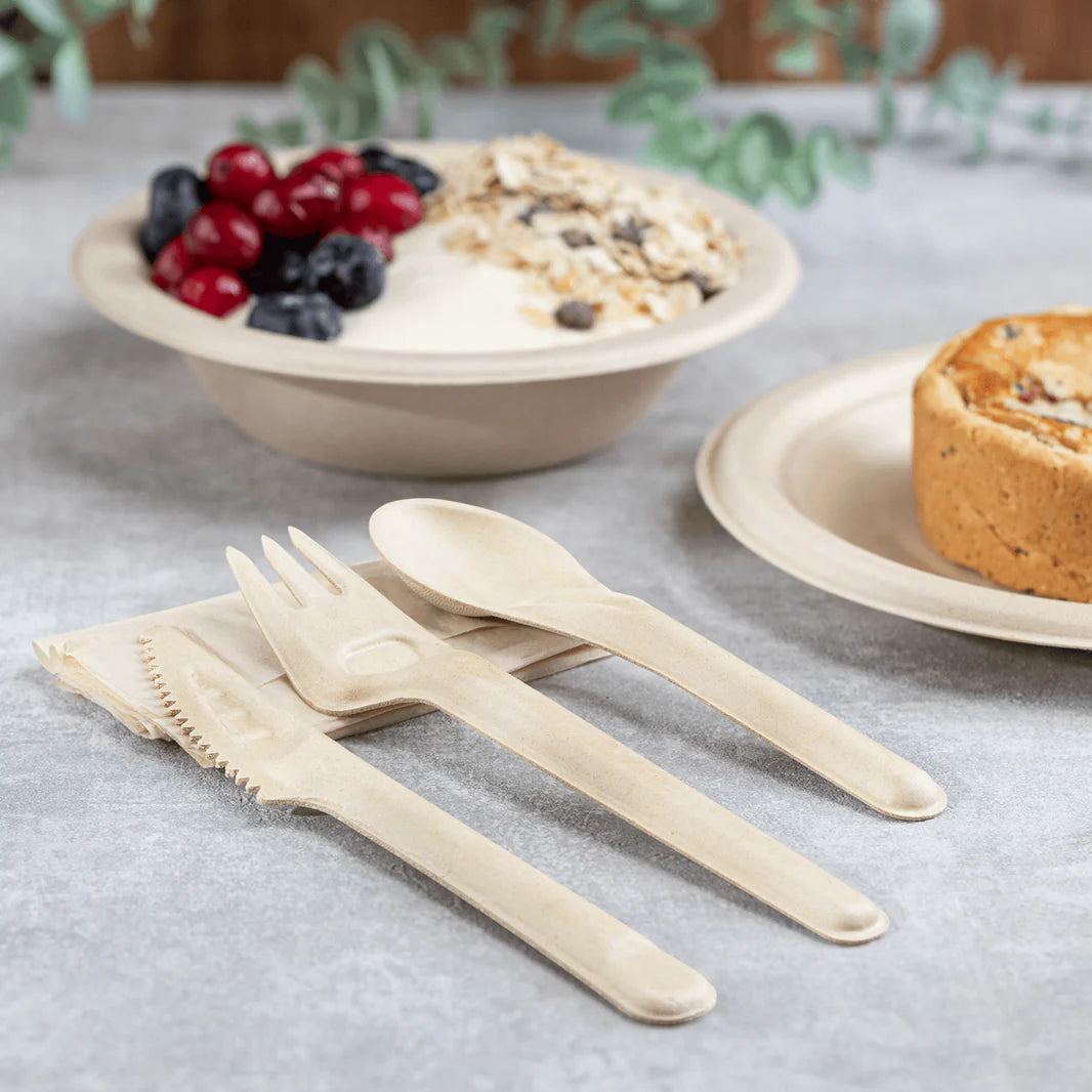 PFAS Free Bagasse Cutlery Kits (Knife, Fork, Soup Spoon, 2-ply Napkin), Paper Wrapped