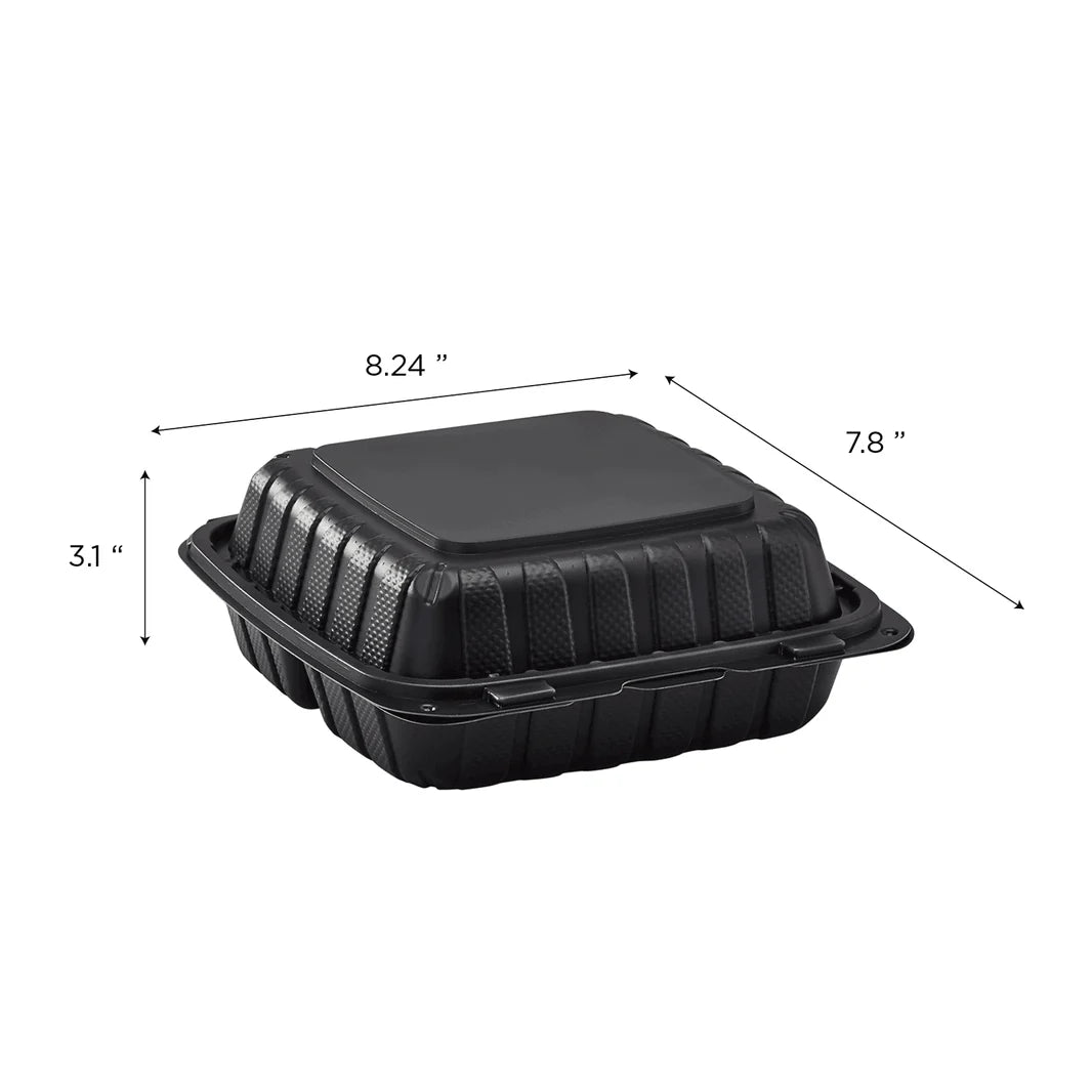 8" x 8" Mineral Filled PP Hinged Container, Black, 3 compartments