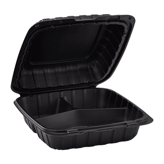 8" x 8" Mineral Filled PP Hinged Container, Black, 3 compartments