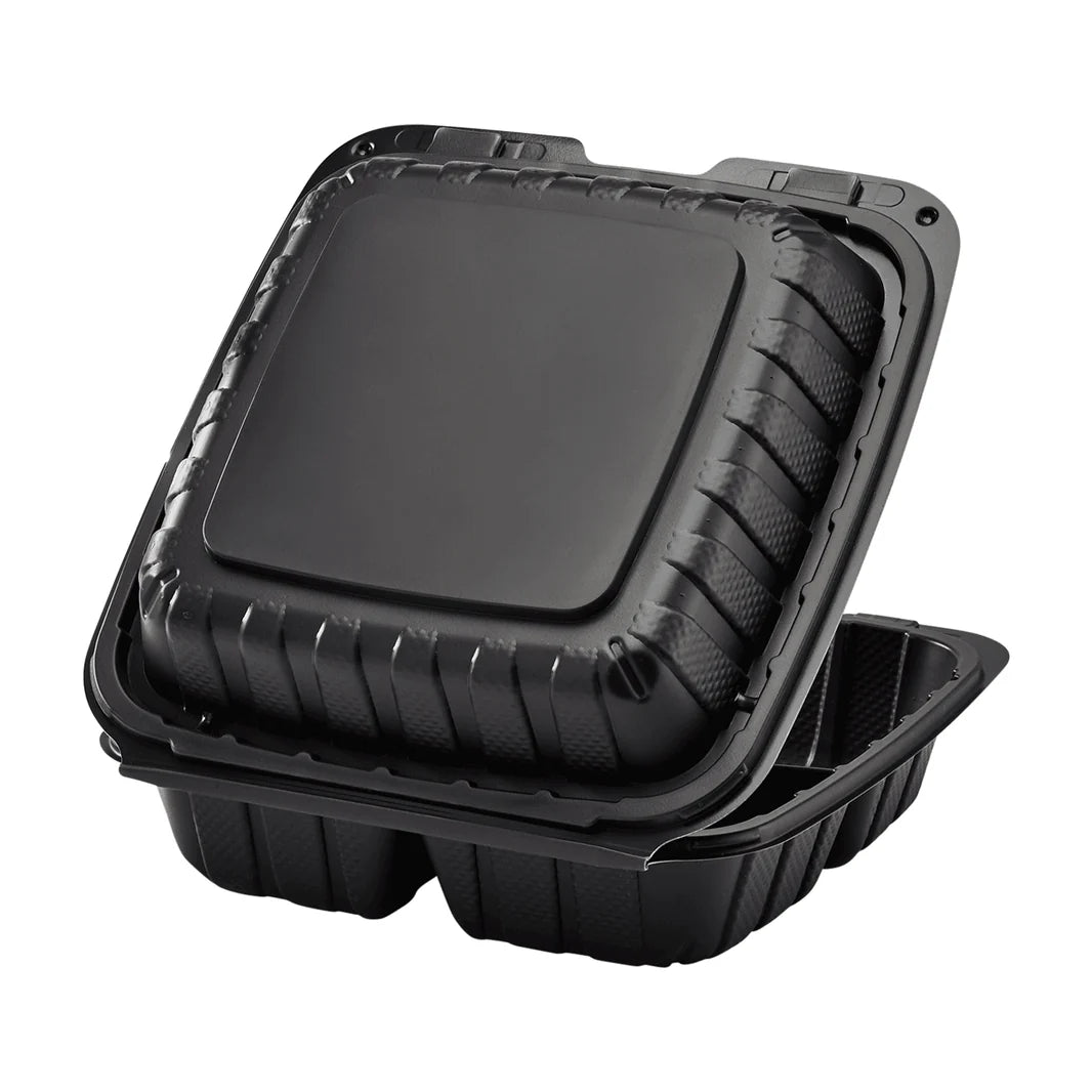 8" x 8" Mineral Filled PP Hinged Container, Black, 3 compartments