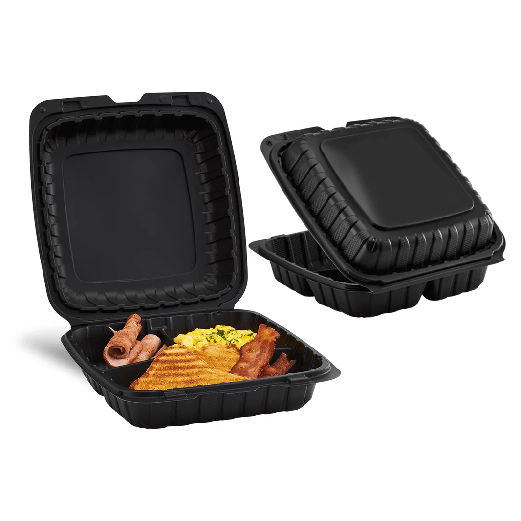 9" x 9" Mineral Filled PP Hinged Container, Black, 3 compartments