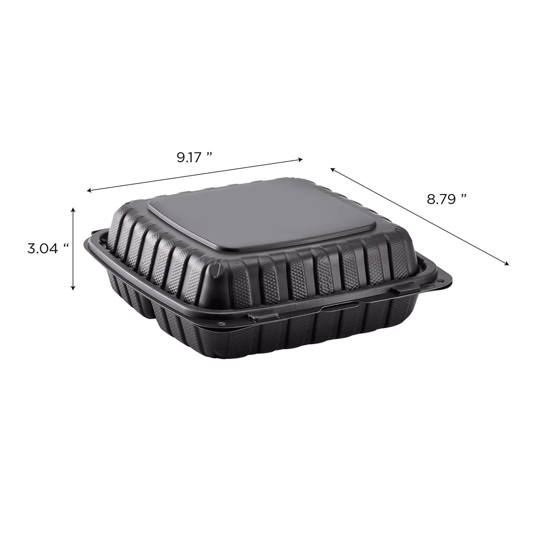 9" x 9" Mineral Filled PP Hinged Container, Black, 3 compartments