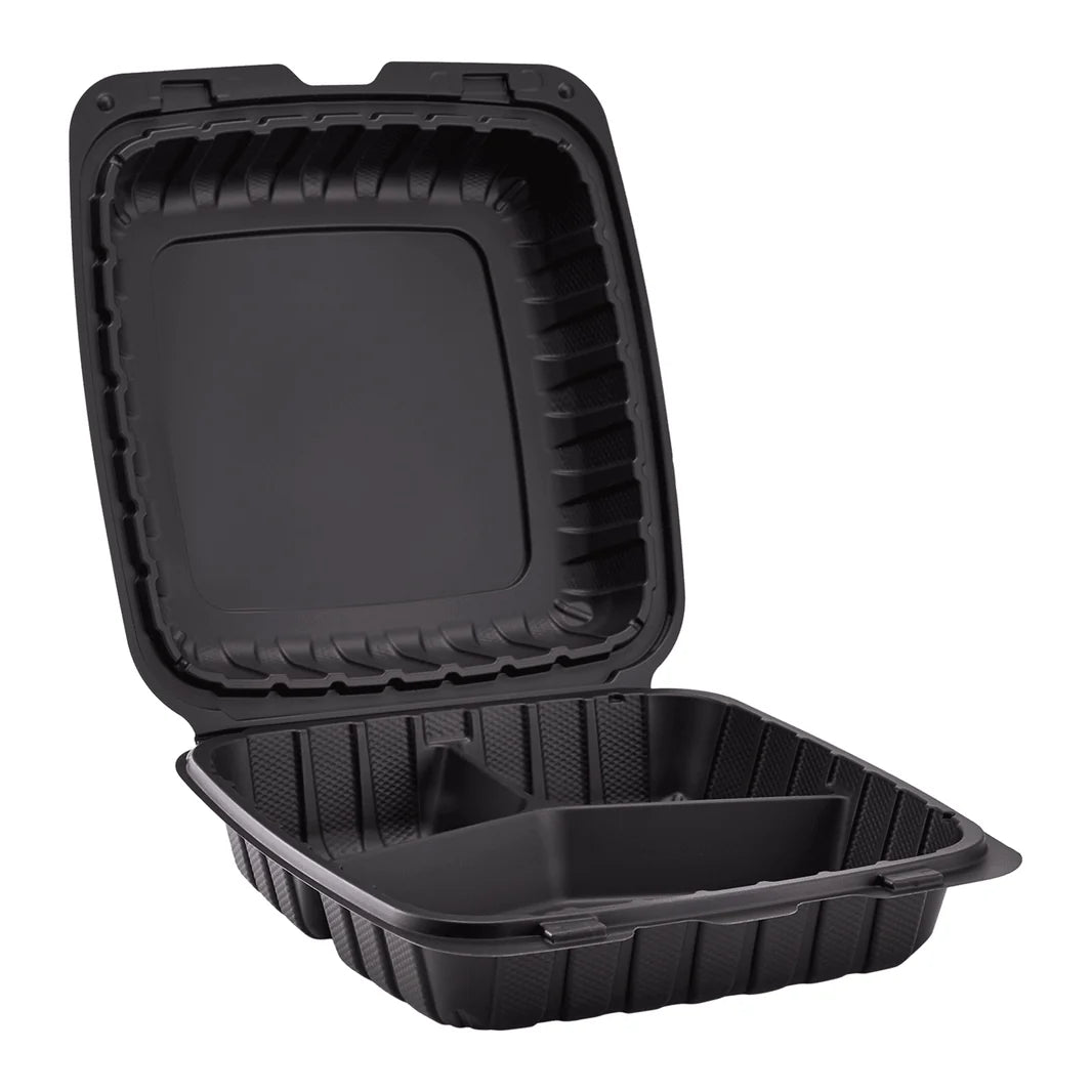 9" x 9" Mineral Filled PP Hinged Container, Black, 3 compartments