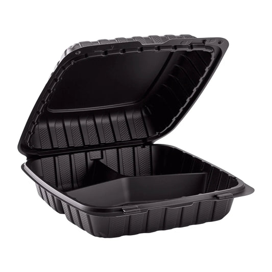 9" x 9" Mineral Filled PP Hinged Container, Black, 3 compartments