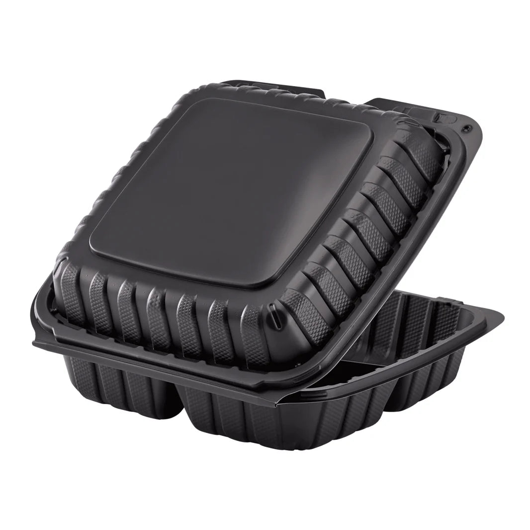 9" x 9" Mineral Filled PP Hinged Container, Black, 3 compartments