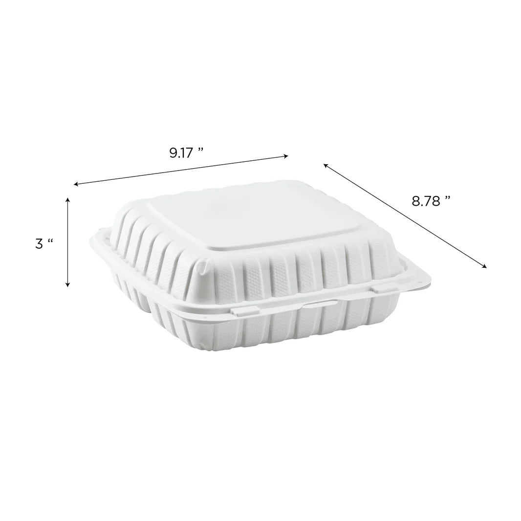 9" x 9" Mineral Filled PP Hinged Container, White, 3 compartments