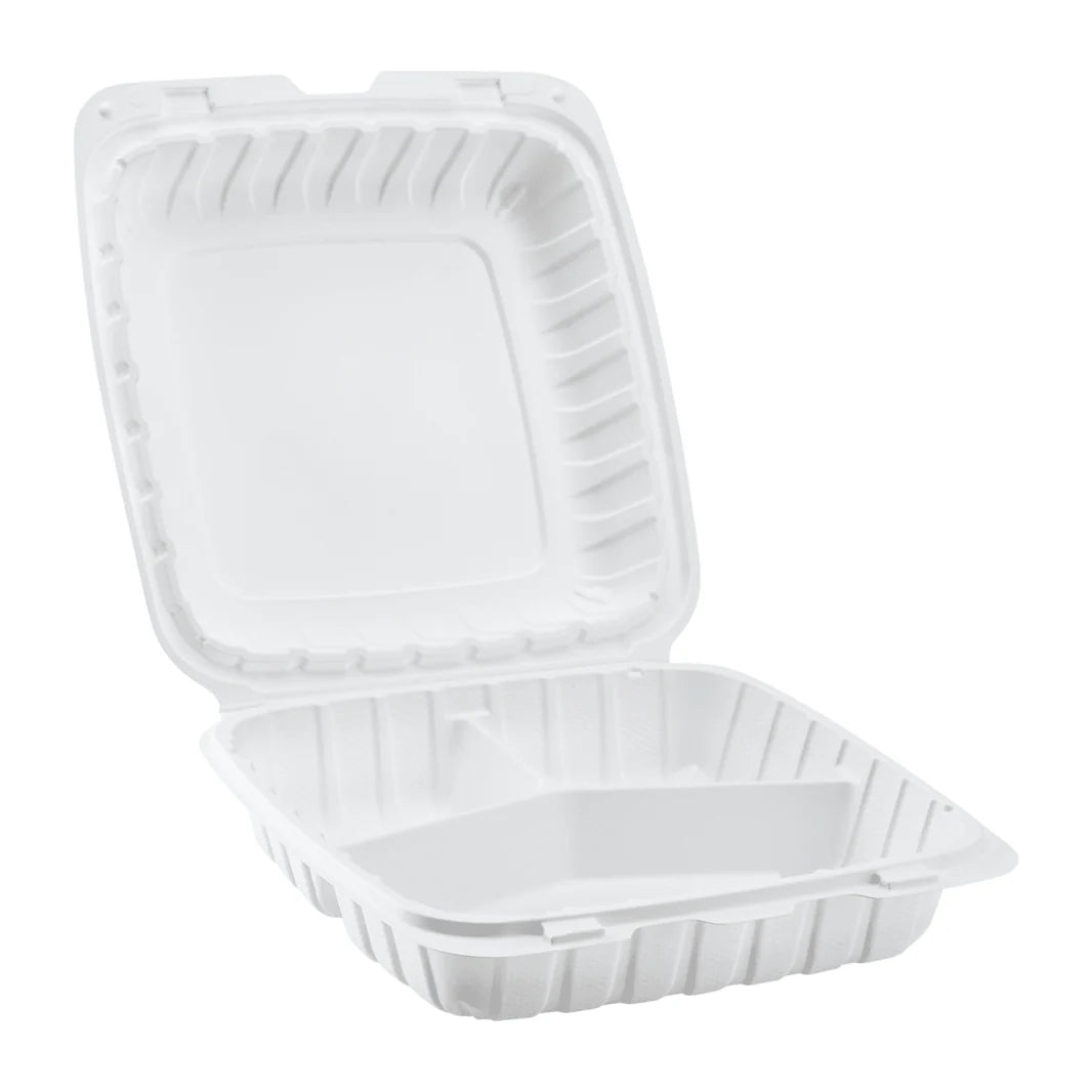 9" x 9" Mineral Filled PP Hinged Container, White, 3 compartments