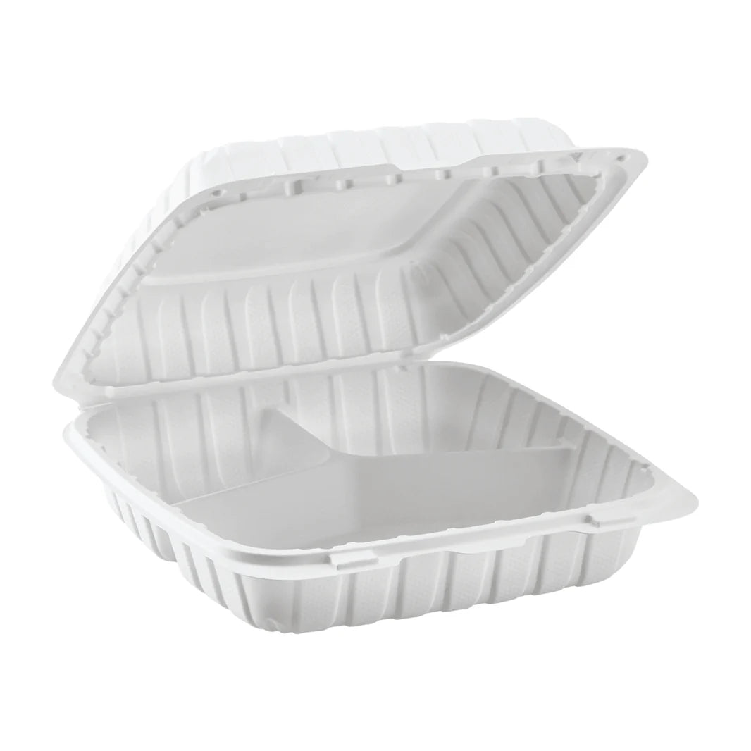 9" x 9" Mineral Filled PP Hinged Container, White, 3 compartments