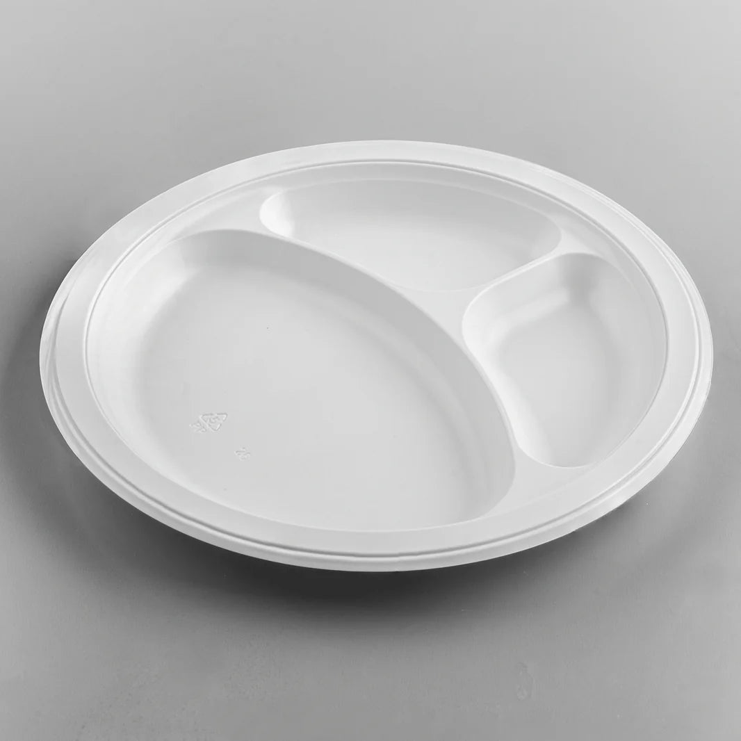 9" Mineral Filled PP Round Plate, White, 3 Compartments