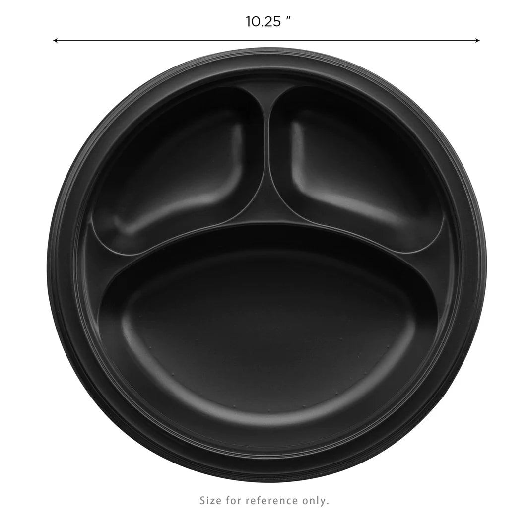 10.25" Mineral Filled PP Round Plate, Black, 3 Compartments