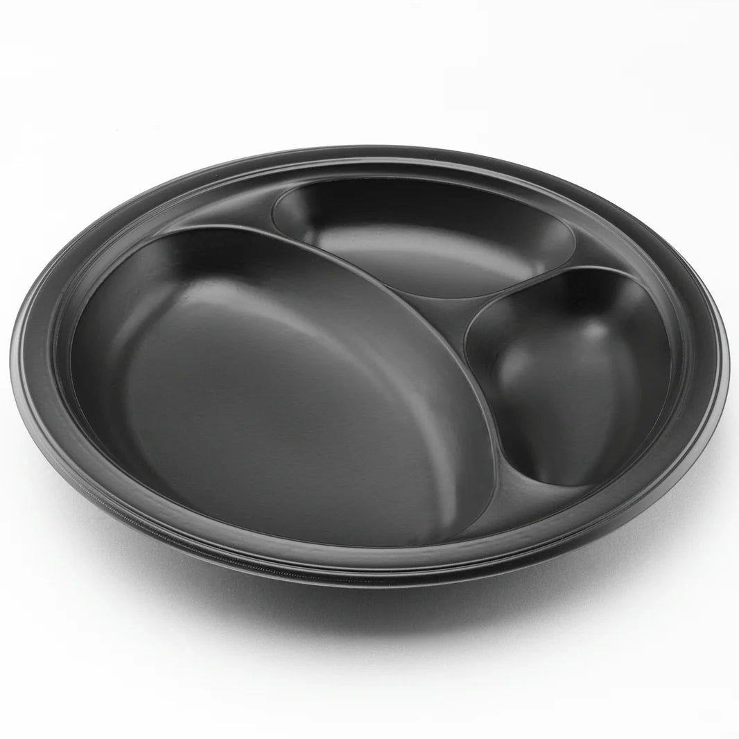 10.25" Mineral Filled PP Round Plate, Black, 3 Compartments