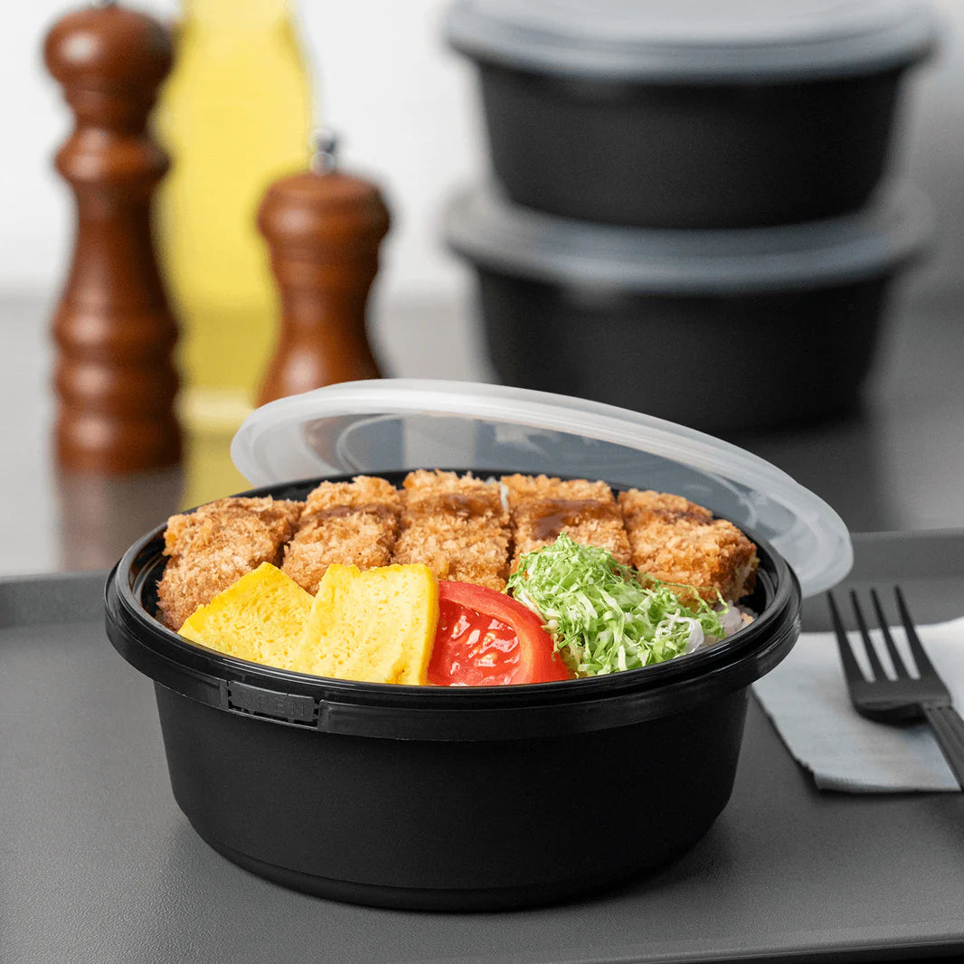 34oz PP Tamper Resistant Injection Molded Microwaveable Black Food Container w/Clear lid