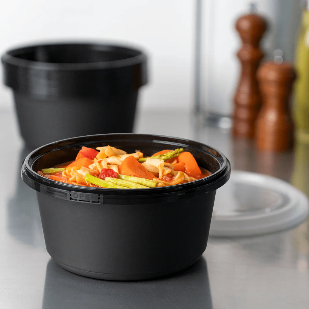 44oz PP Tamper Resistant Injection Molded Microwaveable Black Food Container w/Clear lid