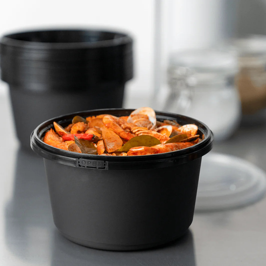 52oz PP Tamper Resistant Injection Molded Microwaveable Black Food Container w/Clear lid