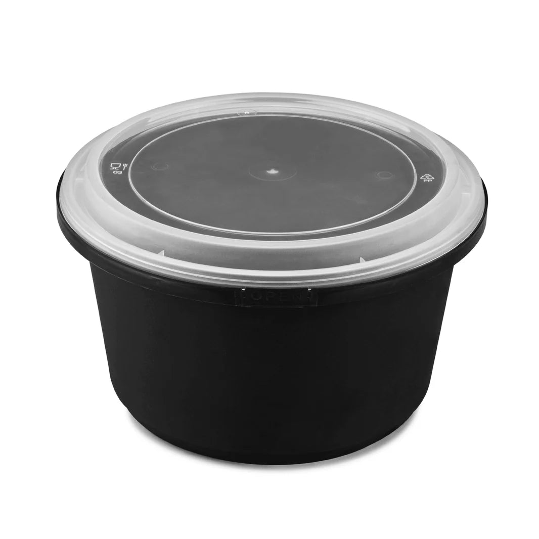 52oz PP Tamper Resistant Injection Molded Microwaveable Black Food Container w/Clear lid