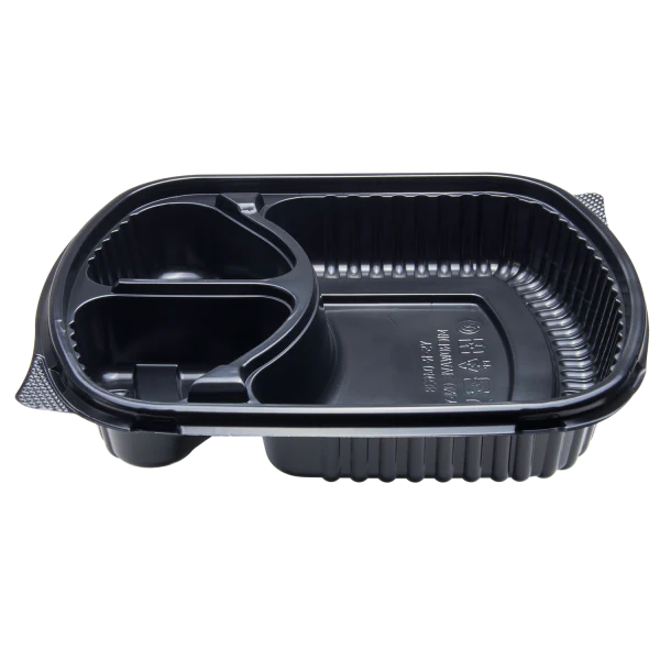 36 oz PP Plastic Microwaveable Black Take Out Box, 3 compartments