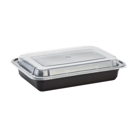 28 oz PP Plastic Microwavable Rectangular Food Containers & Lids, Black