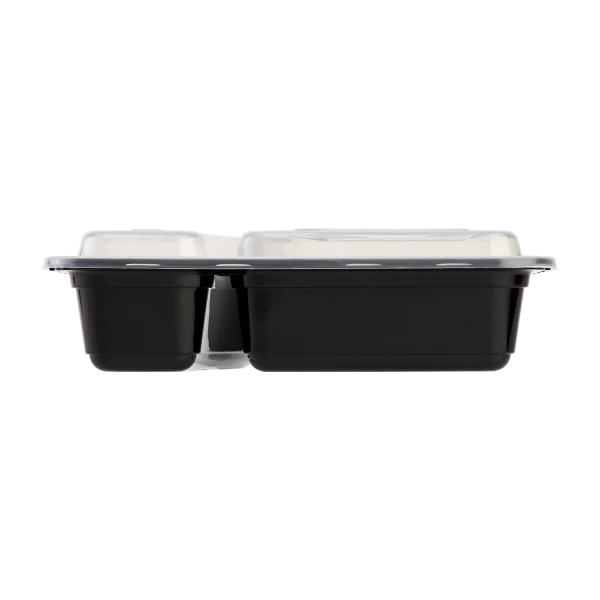 30 oz PP Plastic Microwavable Rectangular Food Containers & Lids, Black, 2 Compartments