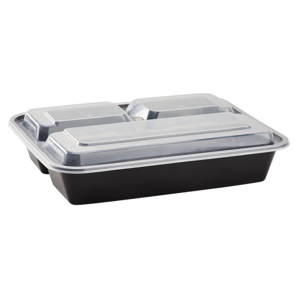 32 oz PP Plastic Microwavable Rectangular Food Containers & Lids, Black, 3 Compartments