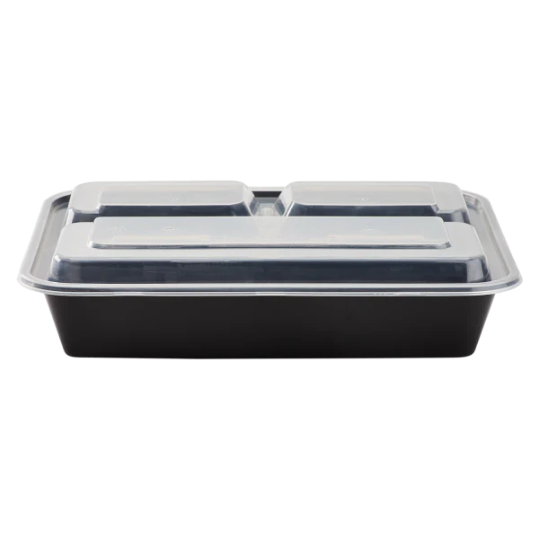 32 oz PP Plastic Microwavable Rectangular Food Containers & Lids, Black, 3 Compartments