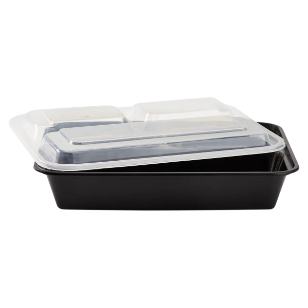 32 oz PP Plastic Microwavable Rectangular Food Containers & Lids, Black, 3 Compartments