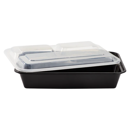 32 oz PP Plastic Microwavable Rectangular Food Containers & Lids, Black, 3 Compartments