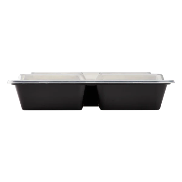 32 oz PP Plastic Microwavable Rectangular Food Containers & Lids, Black, 3 Compartments