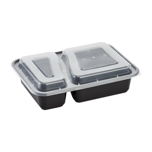 30 oz PP Plastic Microwavable Rectangular Food Containers & Lids, Black, 2 Compartments