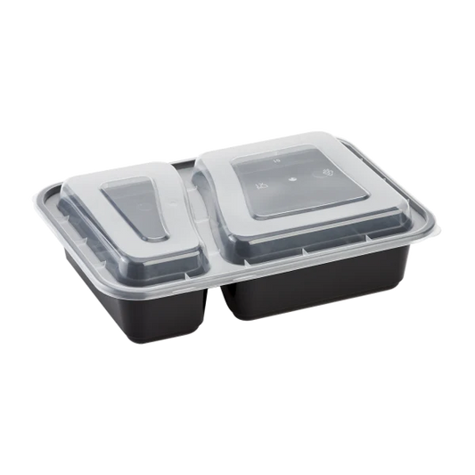 30 oz PP Plastic Microwavable Rectangular Food Containers & Lids, Black, 2 Compartments