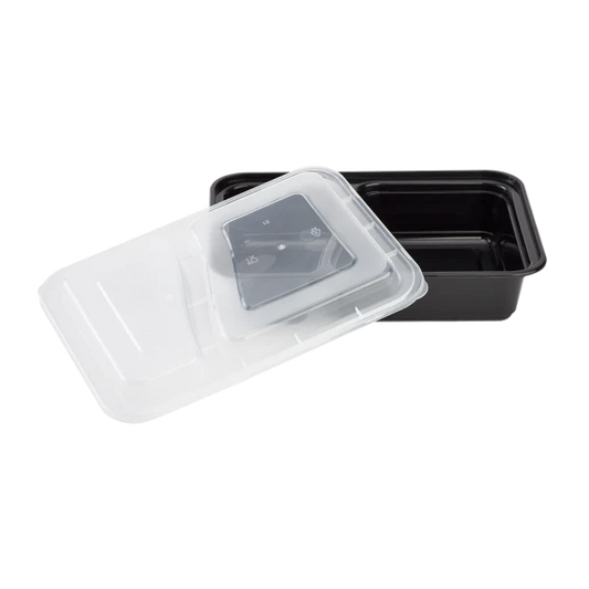 30 oz PP Plastic Microwavable Rectangular Food Containers & Lids, Black, 2 Compartments