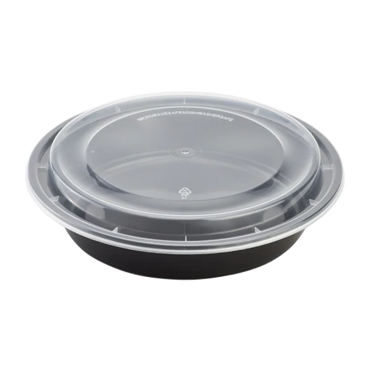 48 oz PP Plastic Microwavable Round Food Containers & Lids - Black