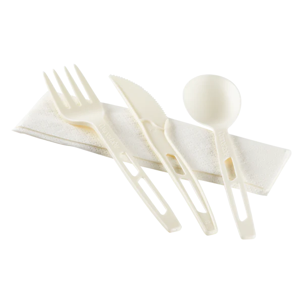 Heavy-Weight CPLA Compostable Cutlery Kits (Knife, Fork, Tea Spoon, 2-ply Napkin), White