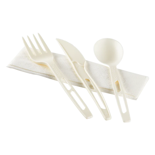 Heavy-Weight CPLA Compostable Cutlery Kits (Knife, Fork, Tea Spoon, 2-ply Napkin), White